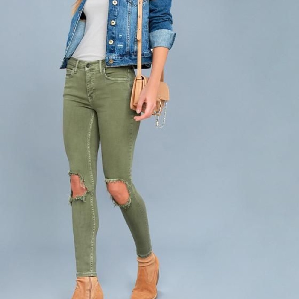 OLIVE GREEN HIGH RISE DISTRESSED SKINNY JEANS